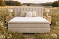 Handcrafted Swedish continental bed in natural linen fabric styled in a calm Scandinavian countryside setting with soft neutral Handcrafted Swedish continental bed in natural linen fabric styled in a calm Scandinavian countryside setting with soft neutral