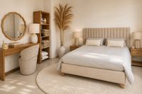 Calm master bedroom with walk-in dressing area, natural materials and soft neutral tones in a Santa Catalina townhouse, Mallorca.